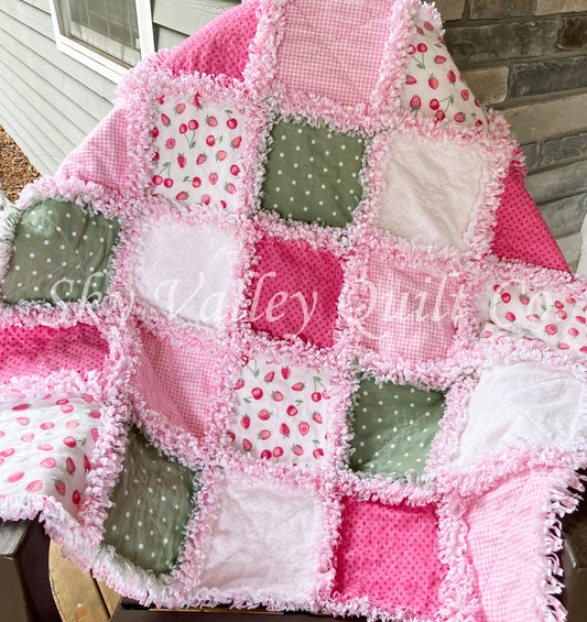 Finished rag quilt - strawberries in pinks and sage green flannels