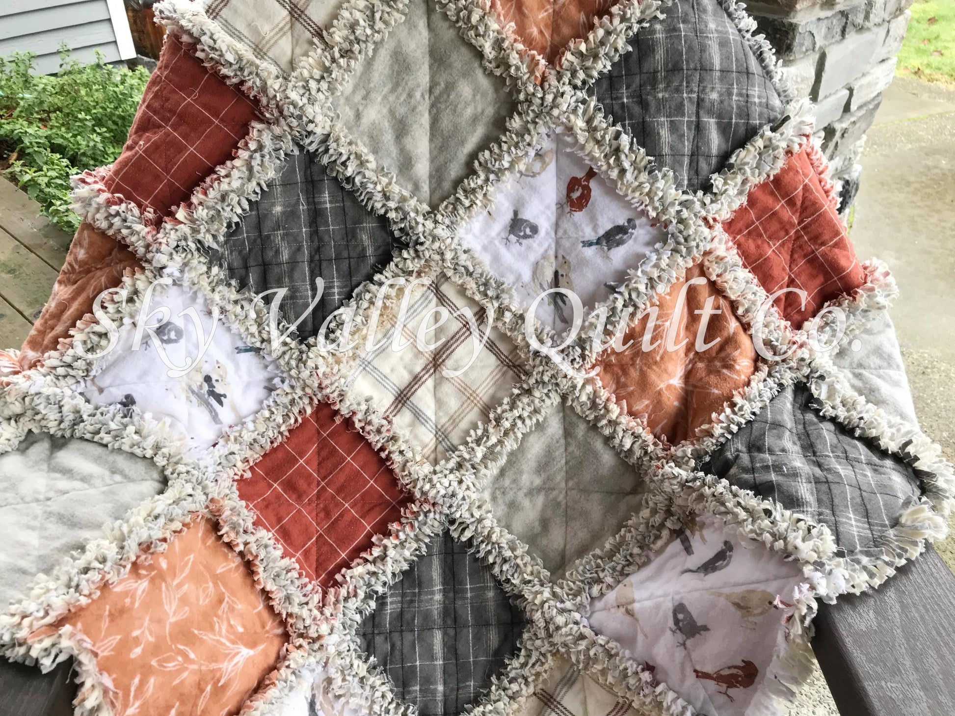 Finished rag quilt - Sweater Weather, rust, white, gray and cream flannels~ birds chickadee