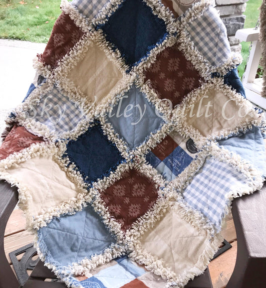 Finished rag quilt - mountains, southwestern, uplug, aztec, blues, rust and cream