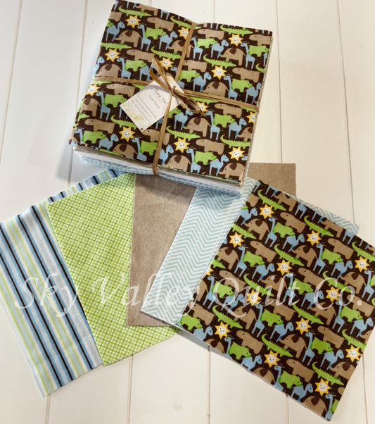 Pre Cut Rag Quilt KIT - Zoo animals in light blue, green and brown, all 3 layers!