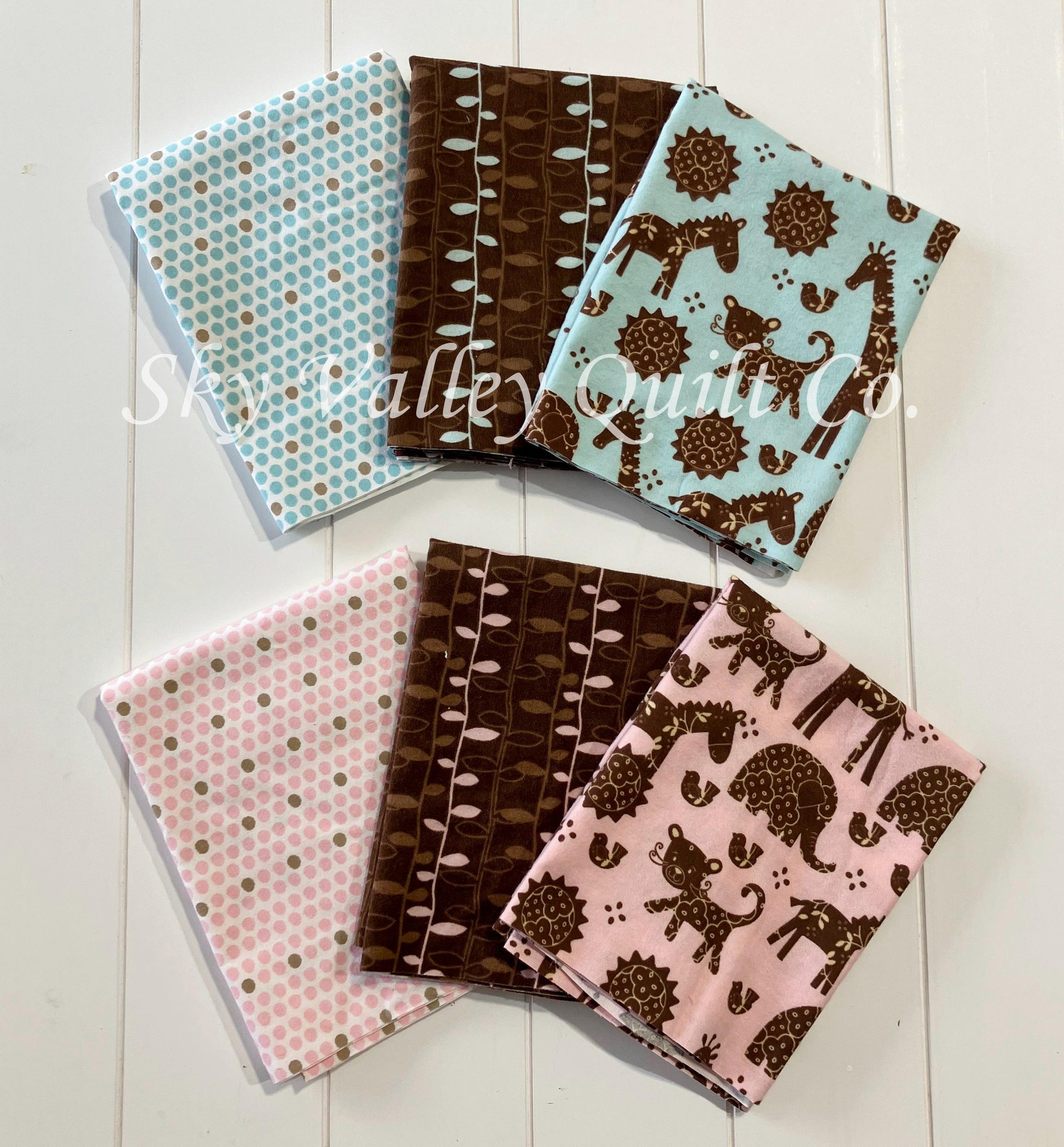 half yard flannel fabric Bundle, choose aqua blue or pink zoo animals