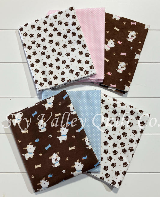 half yard flannel fabric Bundle, choose pink or blue puppy dogs