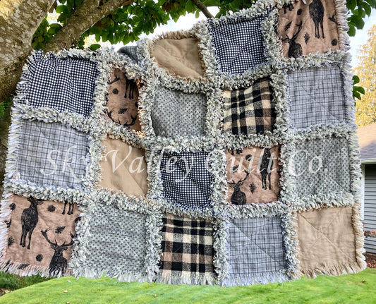 Finished rag quilt - plaids, deer, stag, brown, tan, gray and black flannel