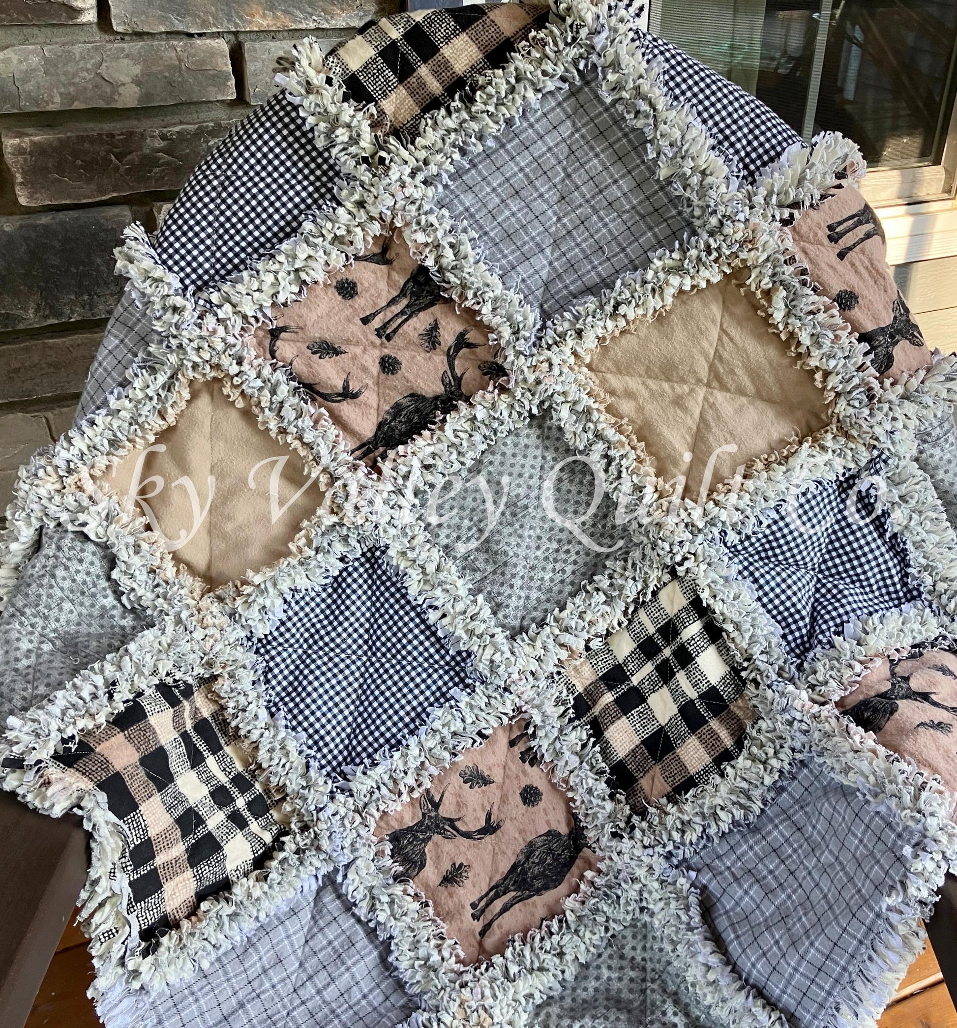 Finished rag quilt - plaids, deer, stag, brown, tan, gray and black flannel