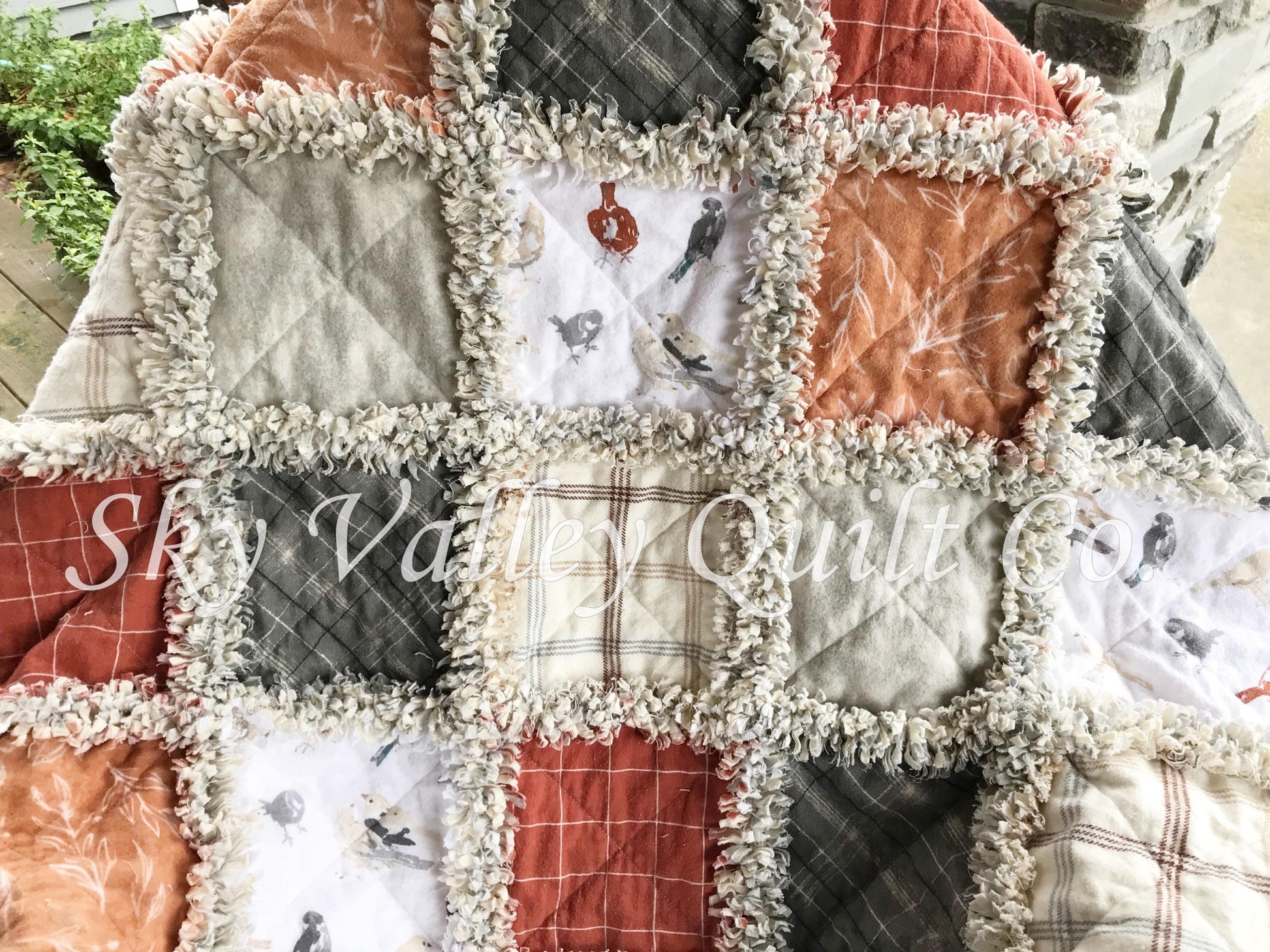 Finished rag quilt - Sweater Weather, rust, white, gray and cream flannels~ birds chickadee