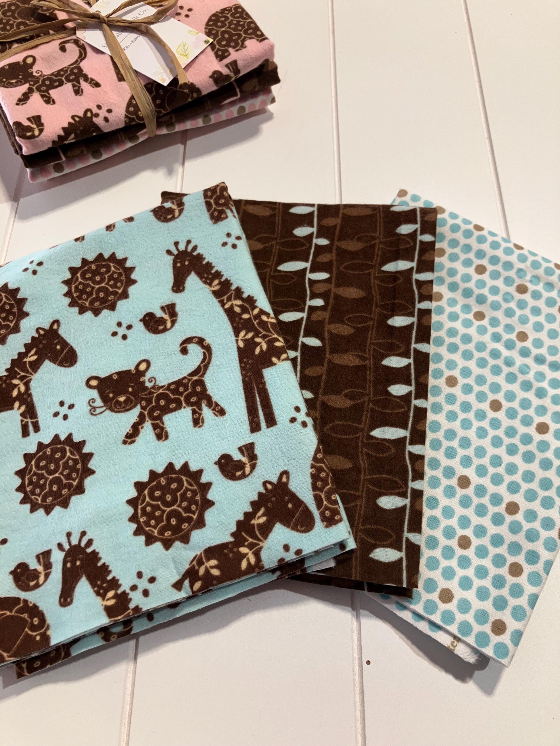 half yard flannel fabric Bundle, choose aqua blue or pink zoo animals