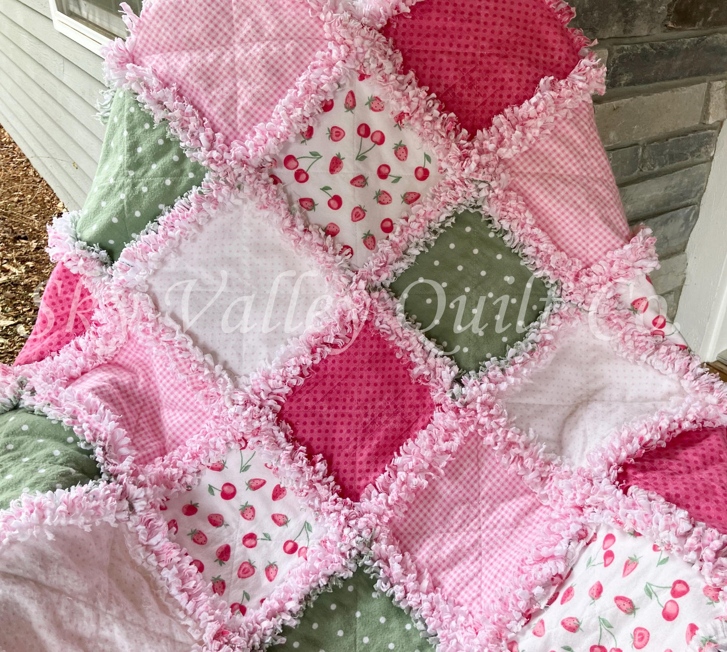 Pre Cut Rag Quilt KIT - Strawberries in pinks and sage green, 3 layers!