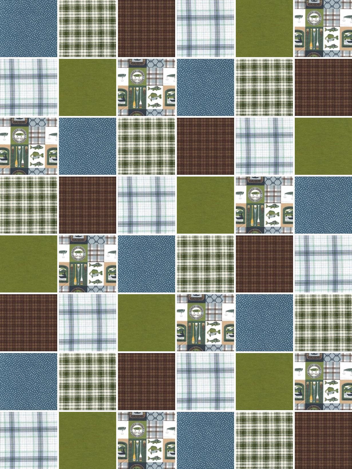 Pre Cut Rag quilt KIT ~ Gone Fishing in Brown, Camo, Navy and green