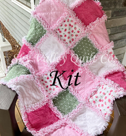 Pre Cut Rag Quilt KIT - Strawberries in pinks and sage green, 3 layers!