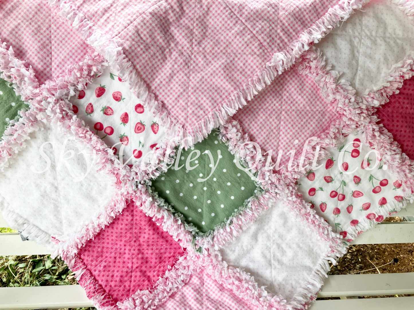 Pre Cut Rag Quilt KIT - Strawberries in pinks and sage green, 3 layers!