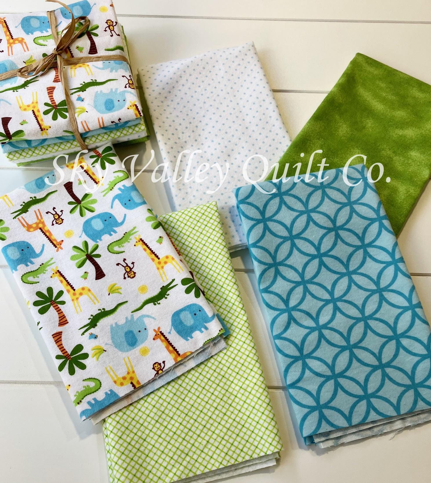 flannel Fat quarter Bundle, green and aqua blue Zoo jungle animals