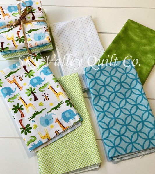 flannel Fat quarter Bundle, green and aqua blue Zoo jungle animals