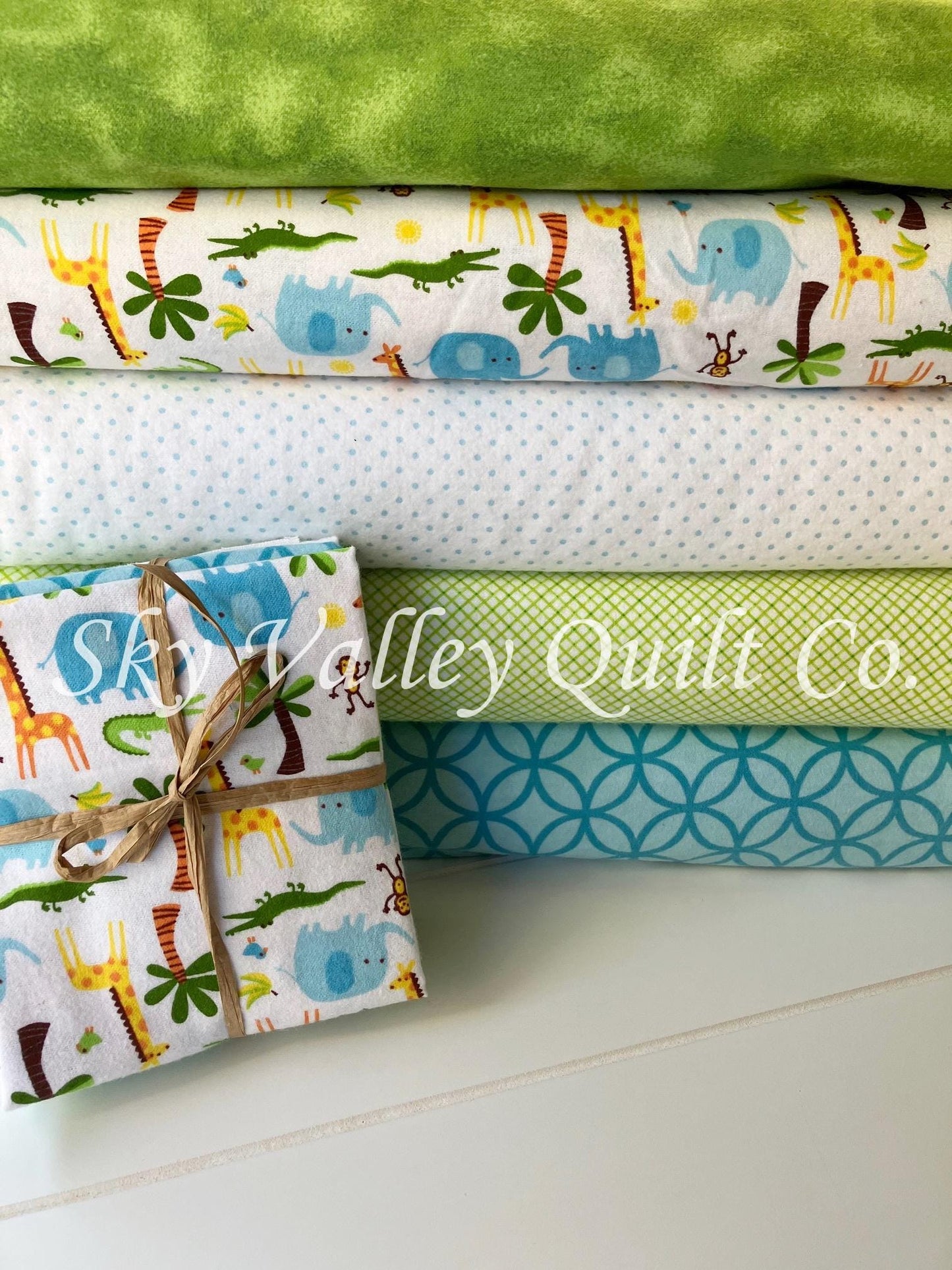 flannel Fat quarter Bundle, green and aqua blue Zoo jungle animals