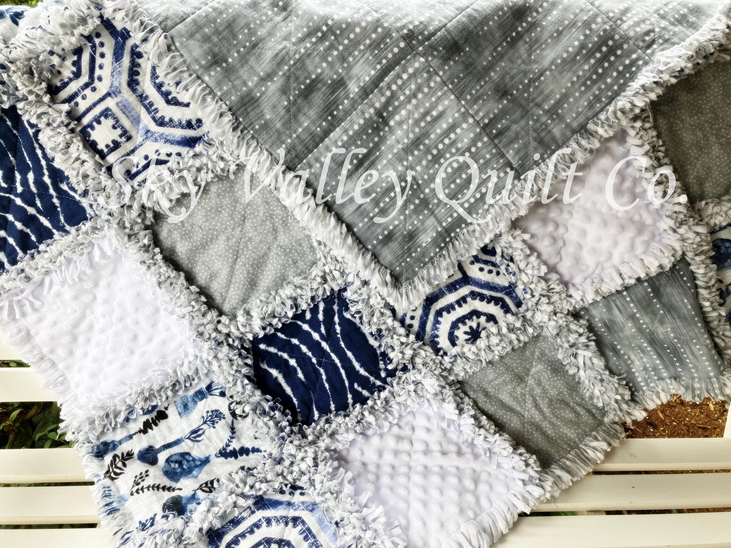 Pre CUT Rag Quilt KIT ~ Into the Blue ~ white, blue, wedgewood themed flannels