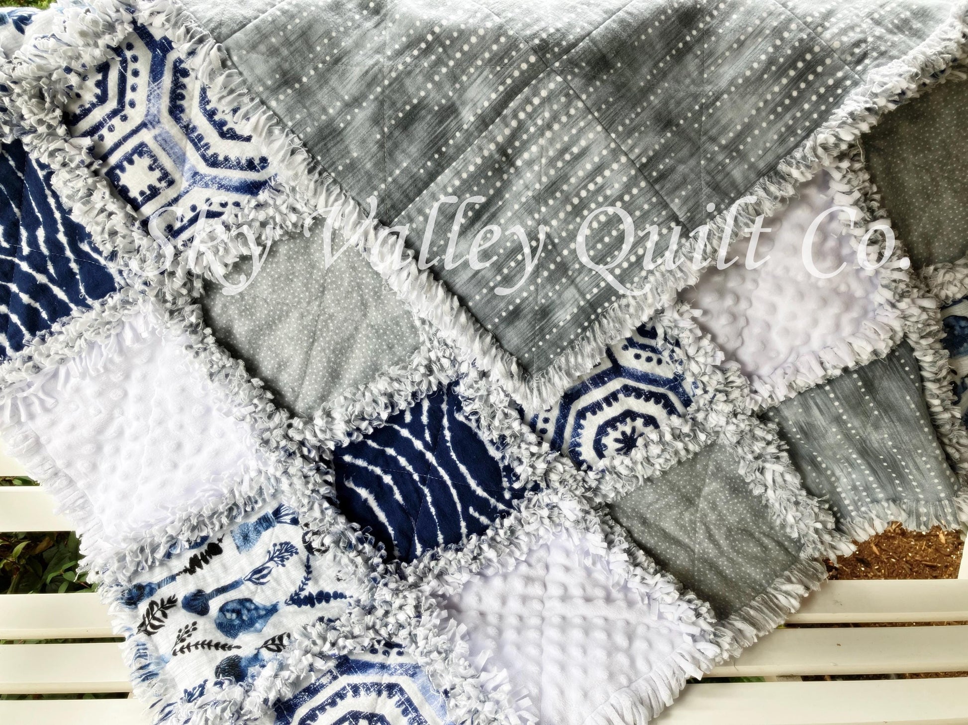 Pre CUT Rag Quilt KIT ~ Into the Blue ~ white, blue, wedgewood themed flannels