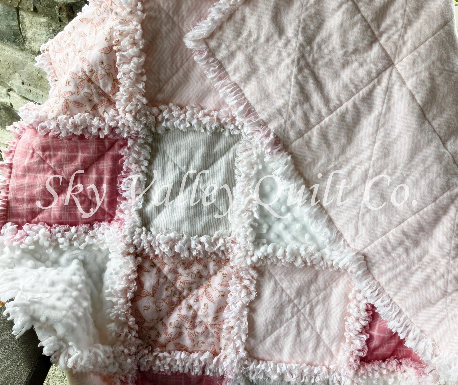 Pre Cut Rag Quilt KIT - Little Sweet Pea, pinks, beige, white blush, 3 layers
