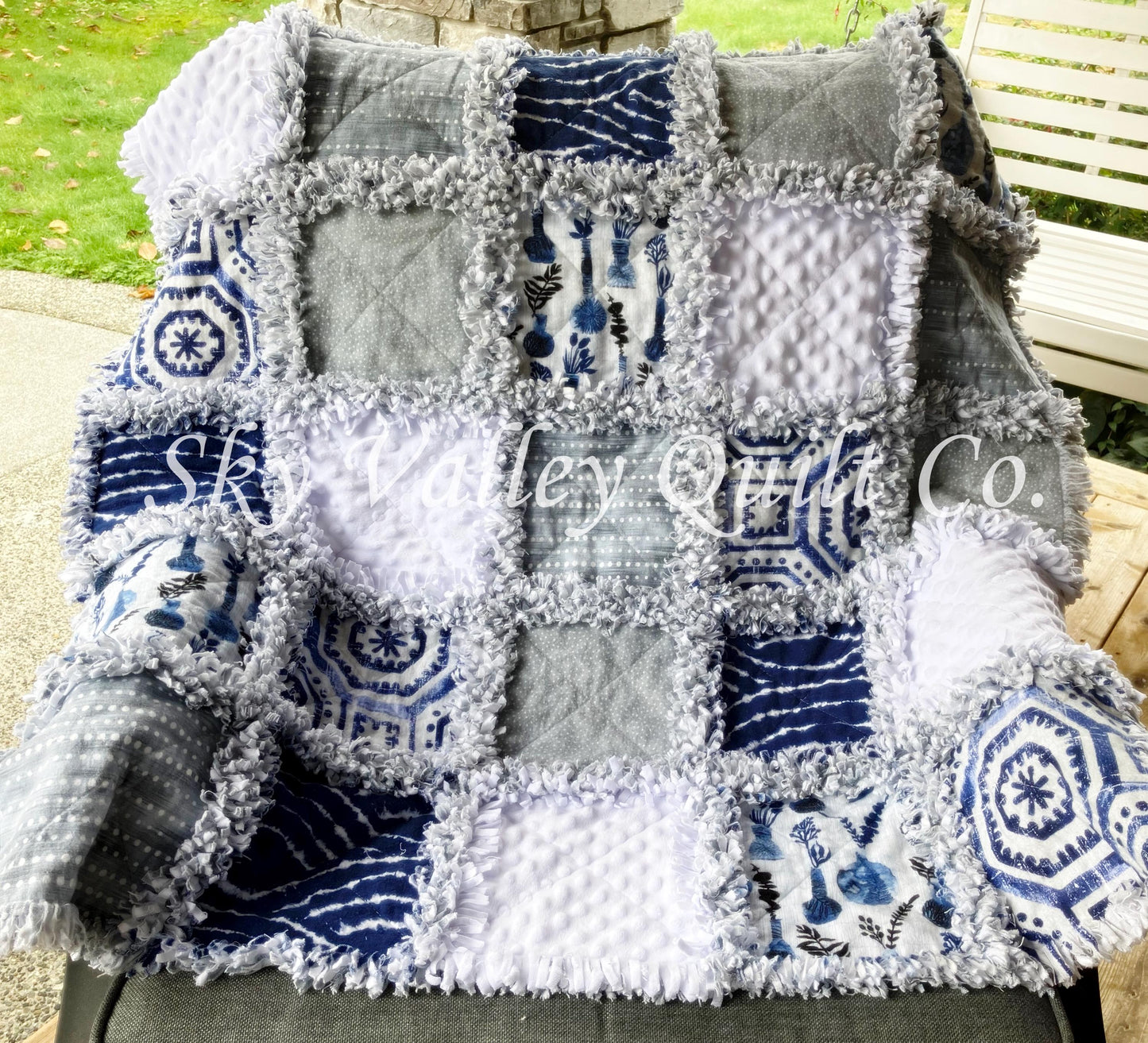 Pre CUT Rag Quilt KIT ~ Into the Blue ~ white, blue, wedgewood themed flannels