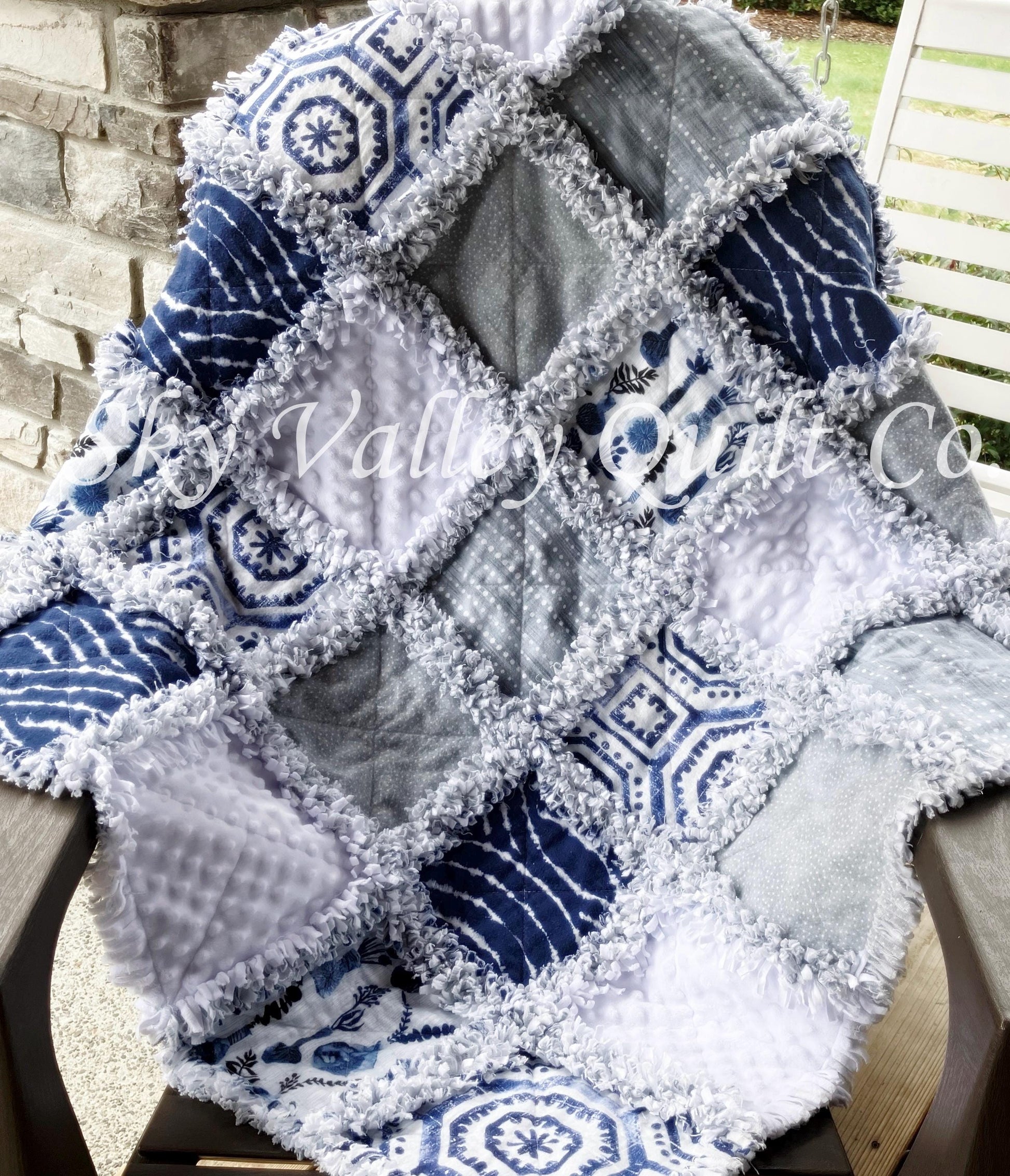 Pre CUT Rag Quilt KIT ~ Into the Blue ~ white, blue, wedgewood themed flannels