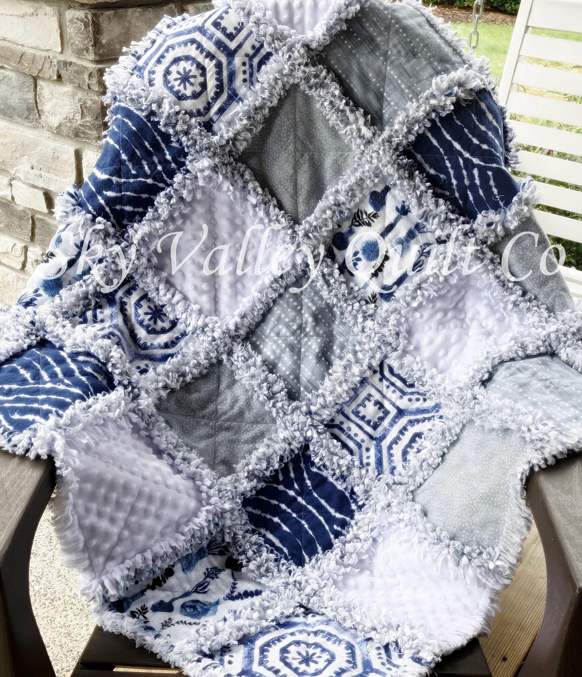 Pre CUT Rag Quilt KIT ~ Into the Blue ~ white, blue, wedgewood themed flannels