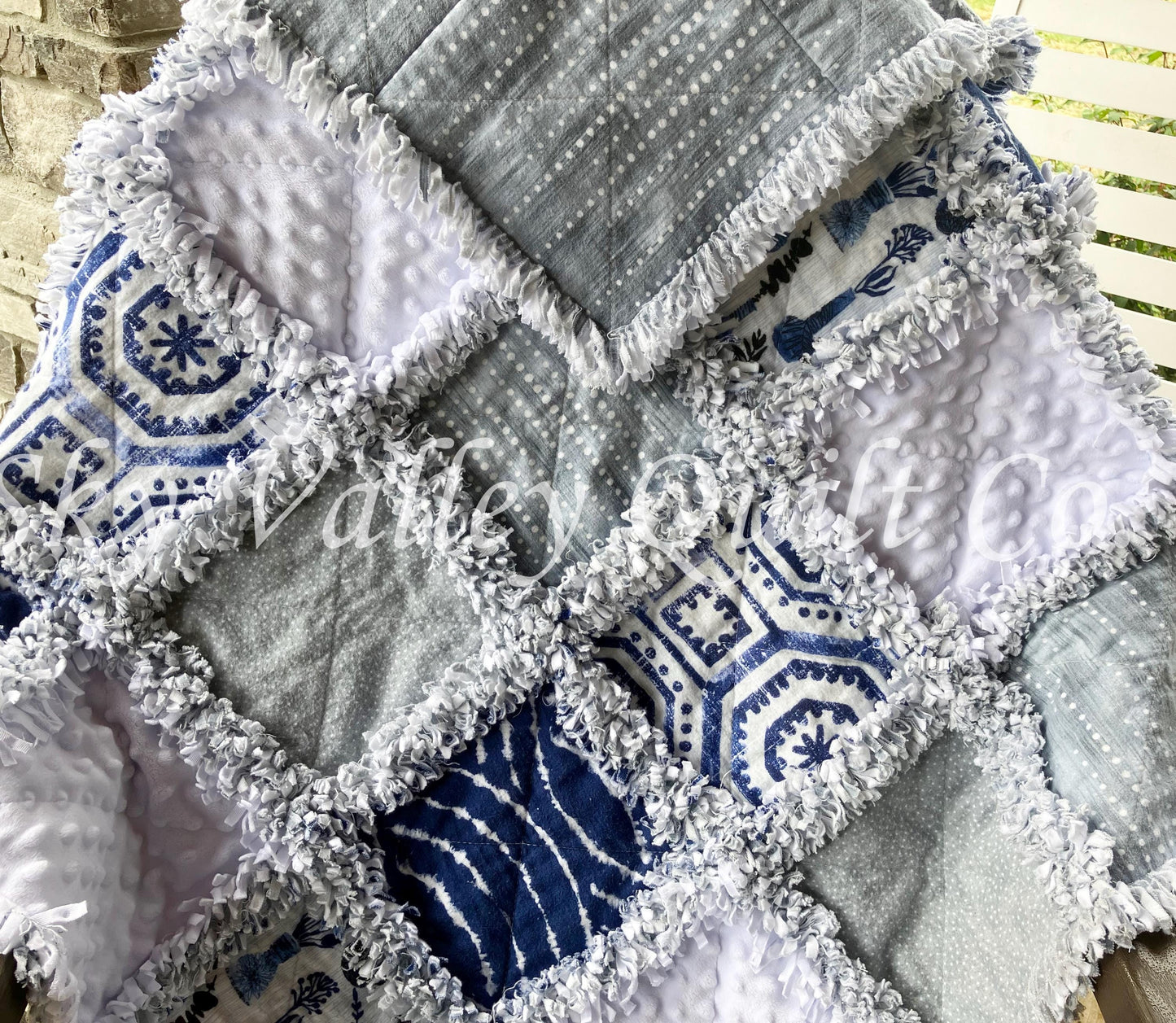 Pre CUT Rag Quilt KIT ~ Into the Blue ~ white, blue, wedgewood themed flannels
