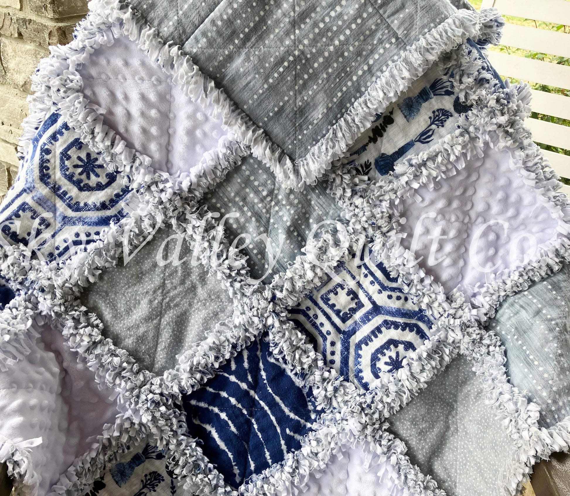 Pre CUT Rag Quilt KIT ~ Into the Blue ~ white, blue, wedgewood themed flannels