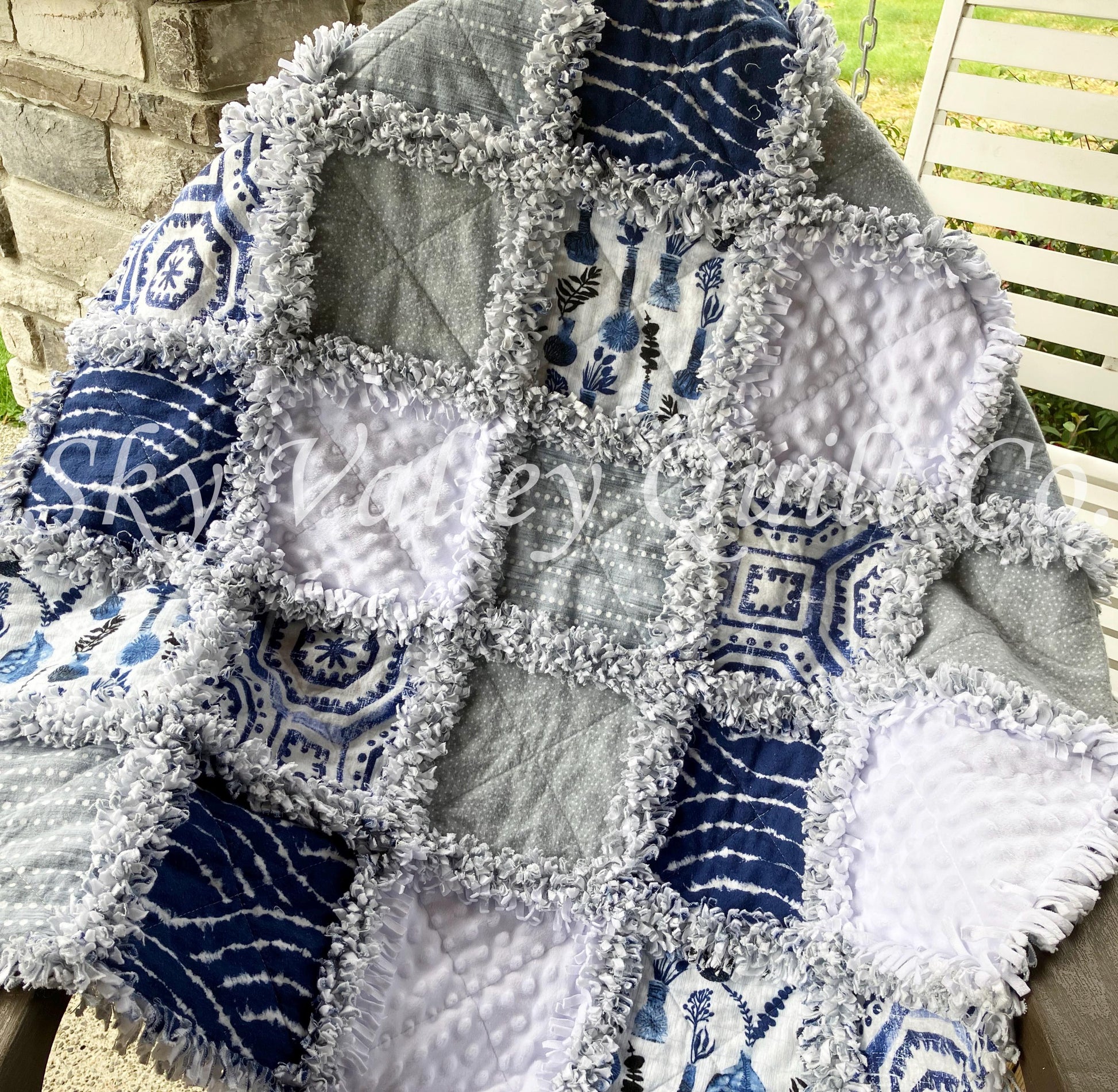 Pre CUT Rag Quilt KIT ~ Into the Blue ~ white, blue, wedgewood themed flannels