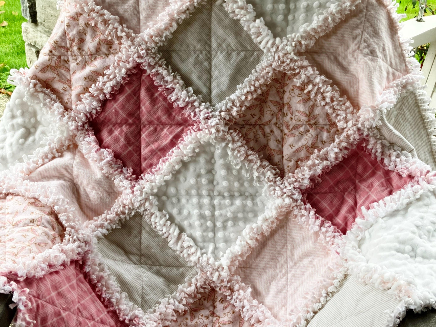 Pre Cut Rag Quilt KIT - Little Sweet Pea, pinks, beige, white blush, 3 layers