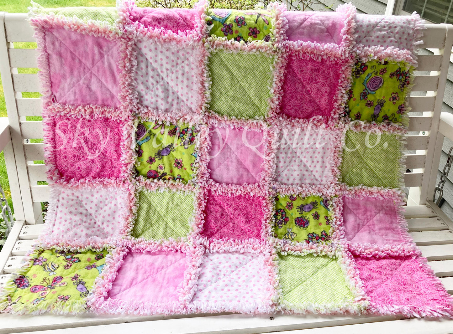 Pre Cut Rag Quilt KIT - bright butterflies and ladybugs insects, pink and green 3 layers