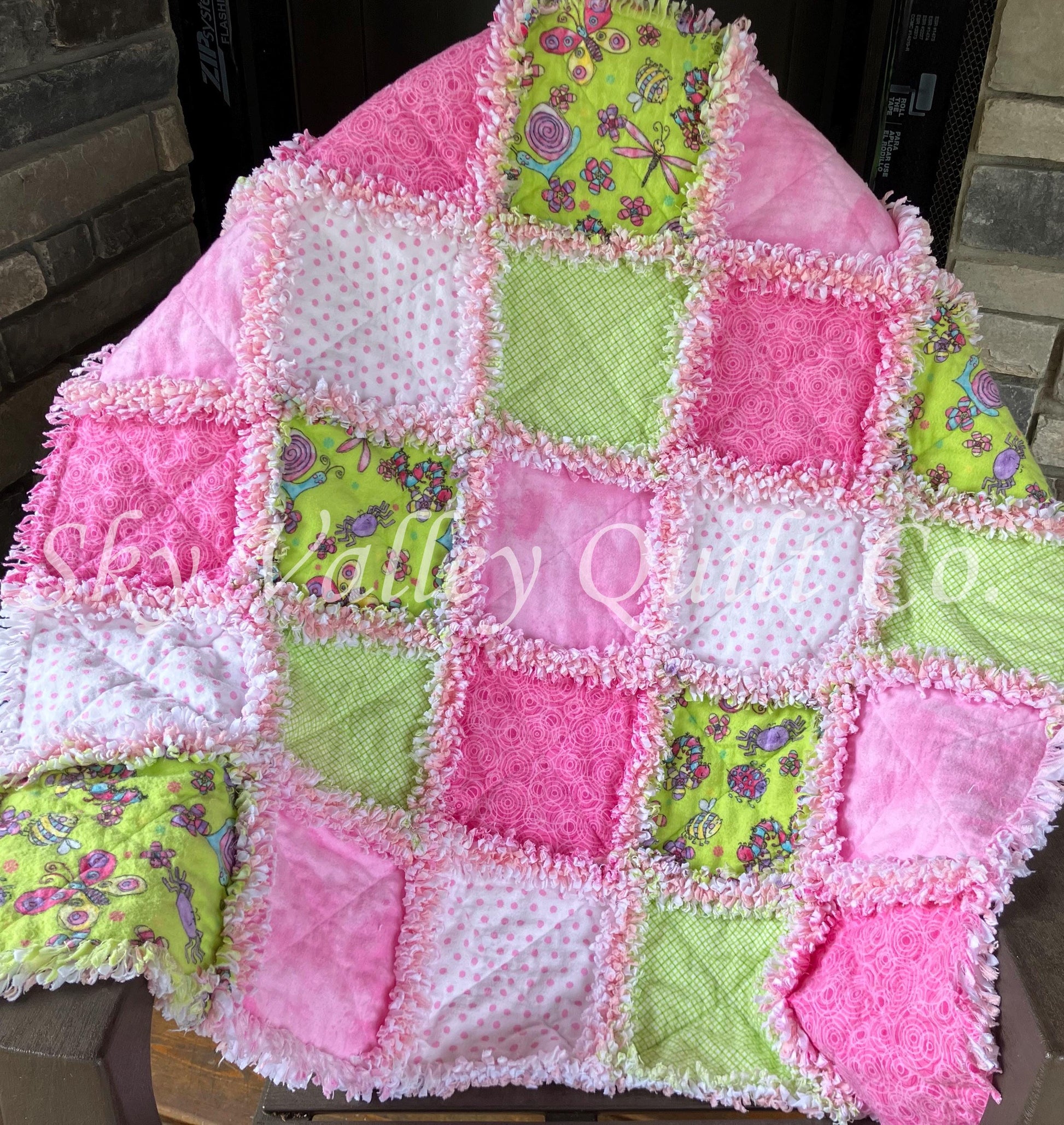 Pre Cut Rag Quilt KIT - bright butterflies and ladybugs insects, pink and green 3 layers