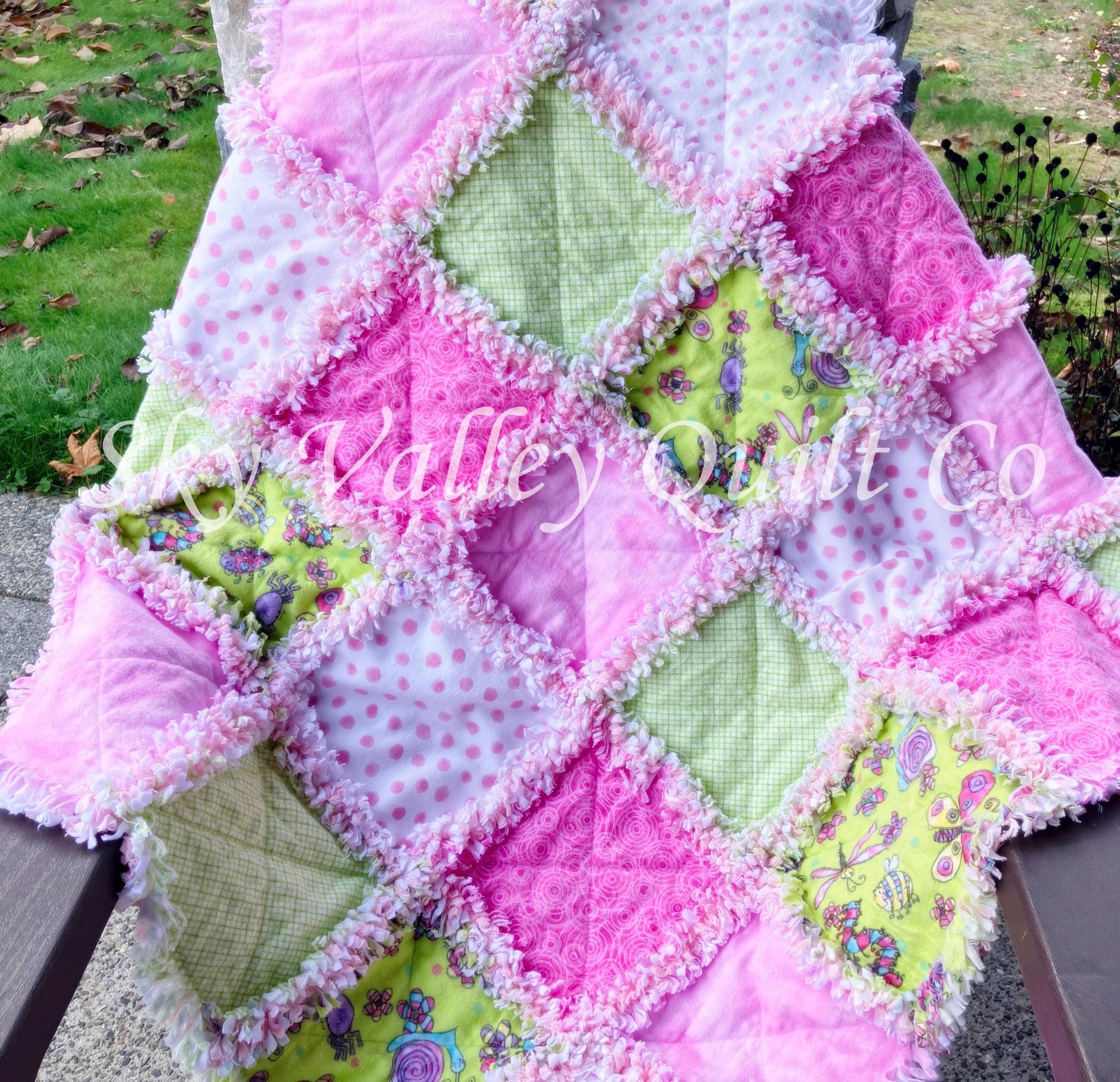 Pre Cut Rag Quilt KIT - bright butterflies and ladybugs insects, pink and green 3 layers
