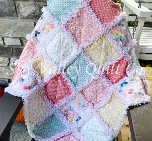 Pre Cut Rag Quilt KIT -Riley Blake New Beginnings blush, misty teal, 3 layers