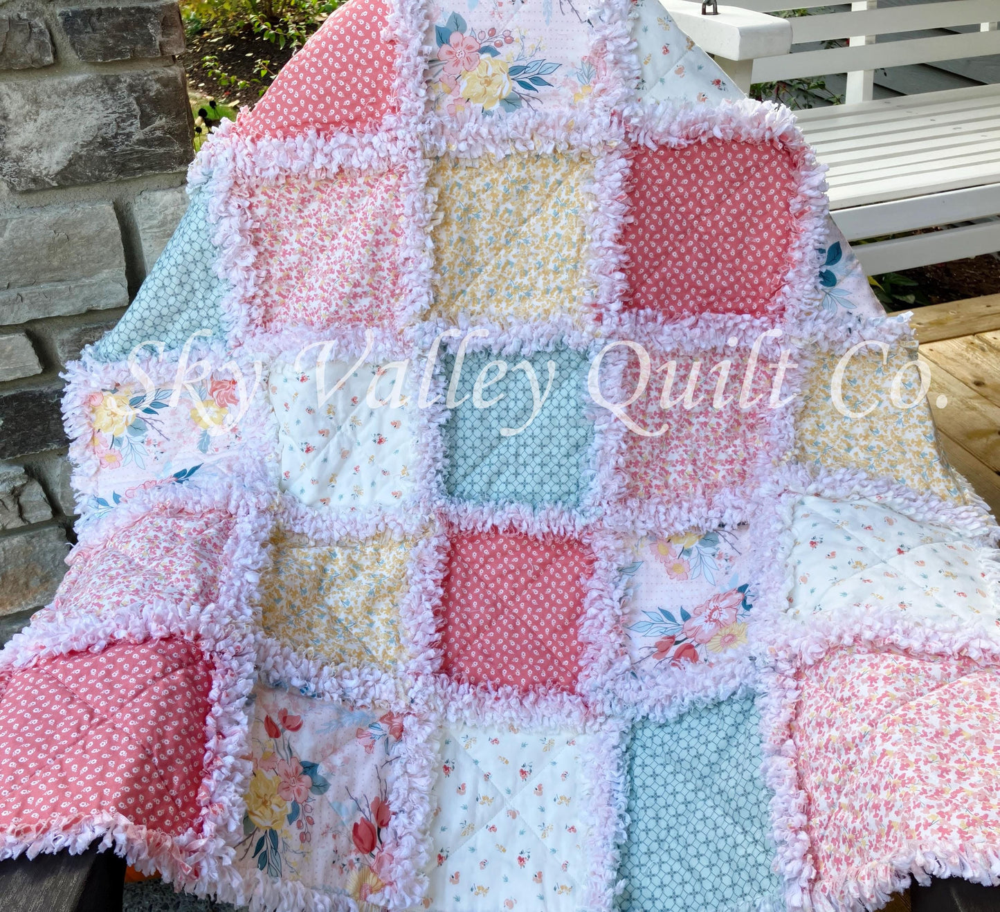 Pre Cut Rag Quilt KIT -Riley Blake New Beginnings blush, misty teal, 3 layers