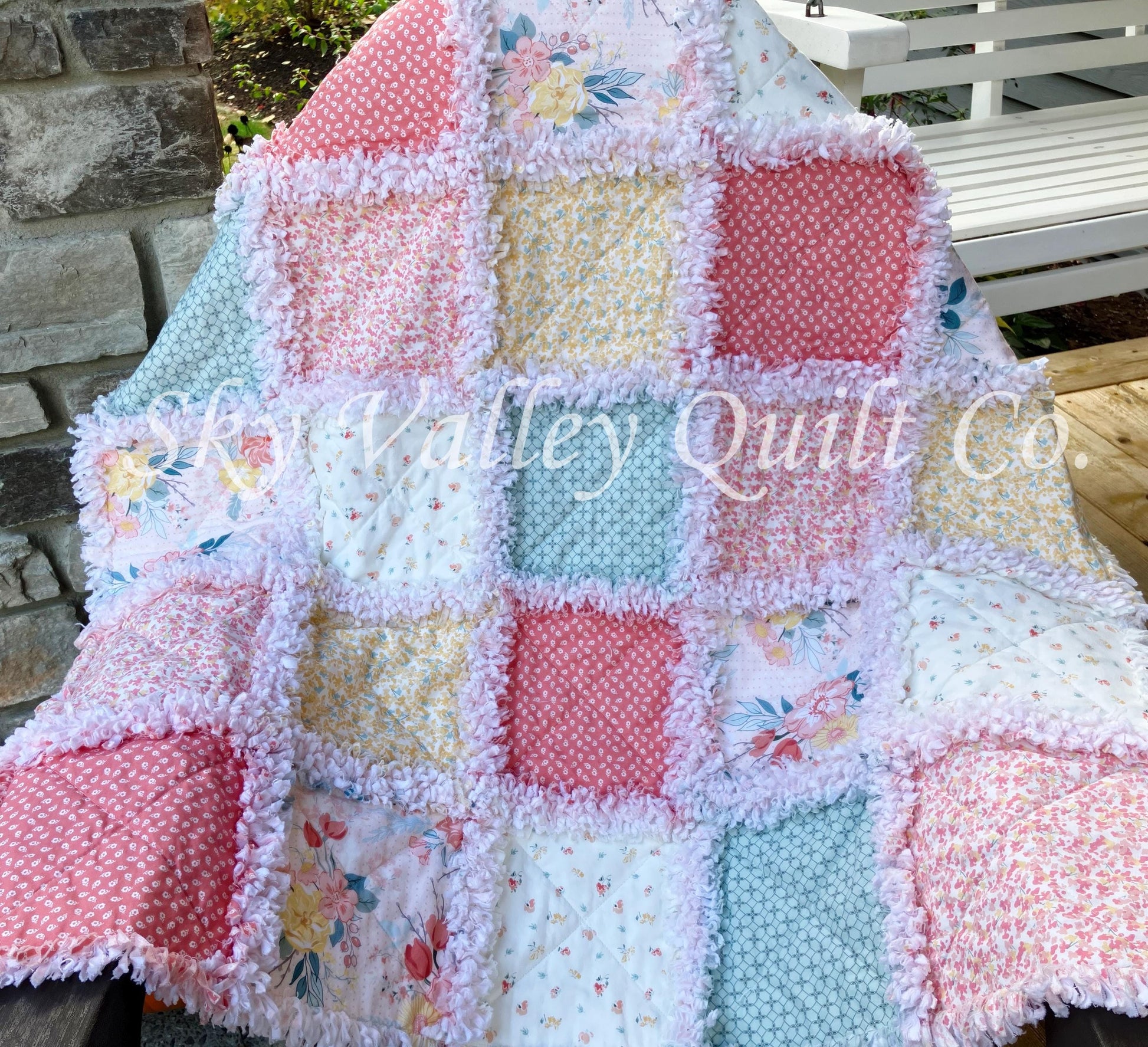 Pre Cut Rag Quilt KIT -Riley Blake New Beginnings blush, misty teal, 3 layers