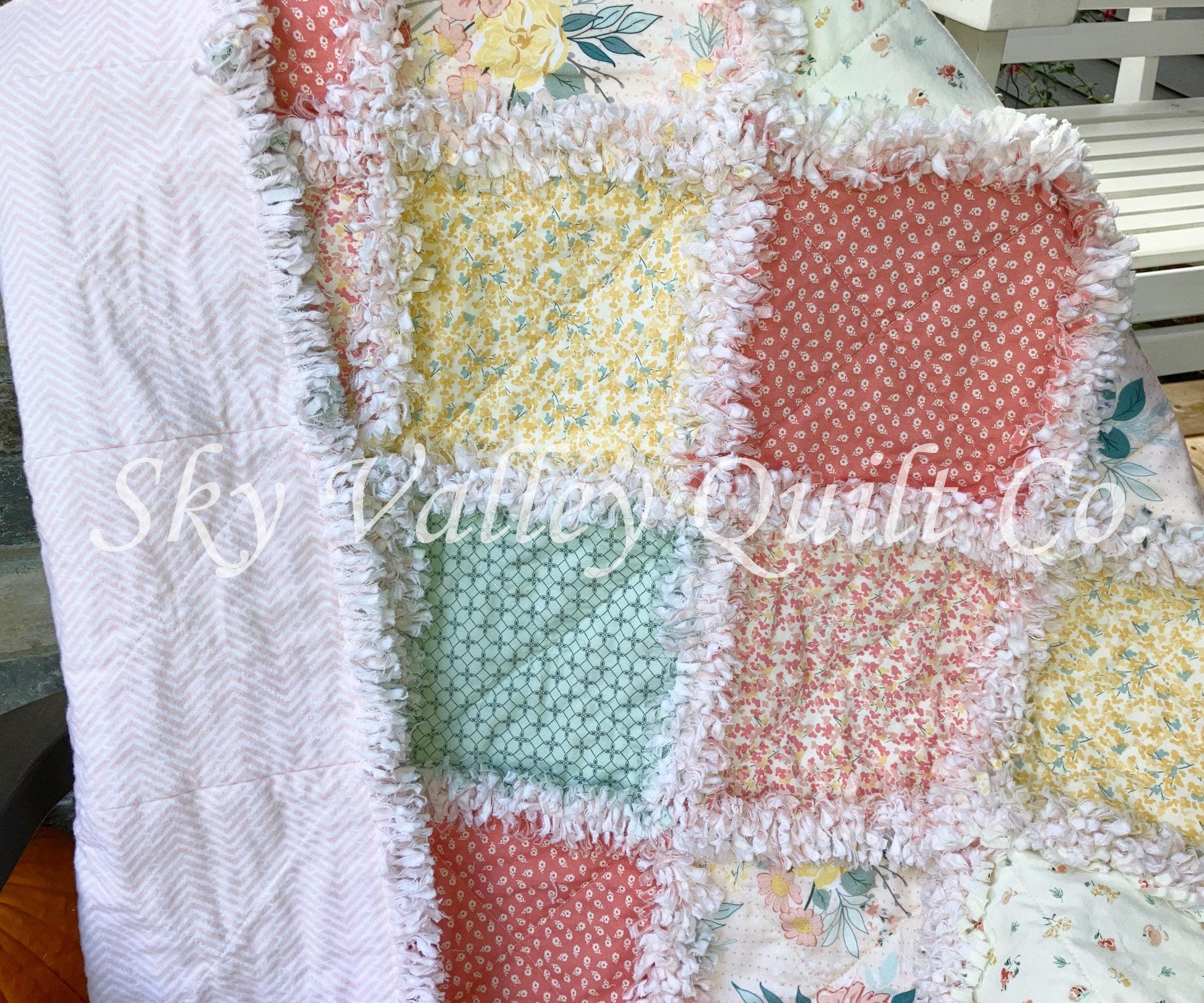 Pre Cut Rag Quilt KIT -Riley Blake New Beginnings blush, misty teal, 3 layers