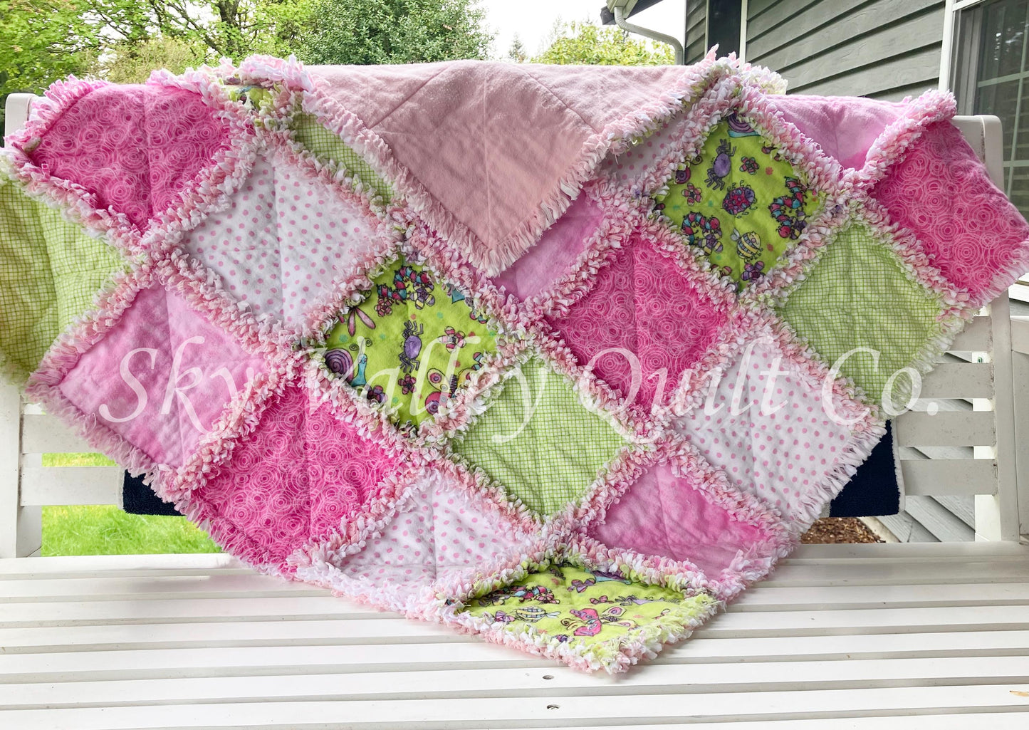 Pre Cut Rag Quilt KIT - bright butterflies and ladybugs insects, pink and green 3 layers