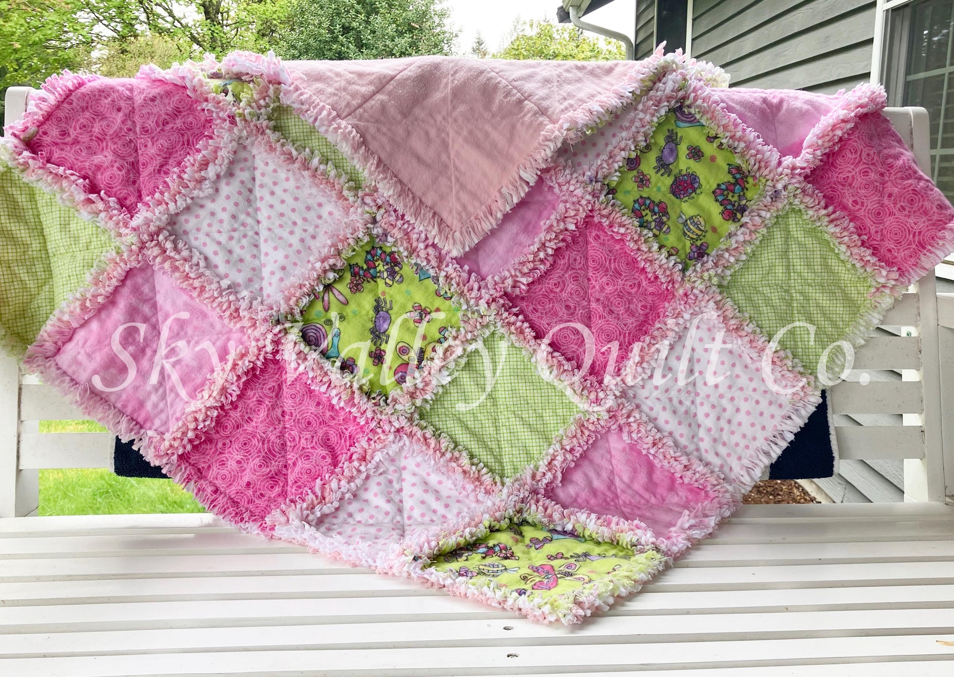Pre Cut Rag Quilt KIT - bright butterflies and ladybugs insects, pink and green 3 layers