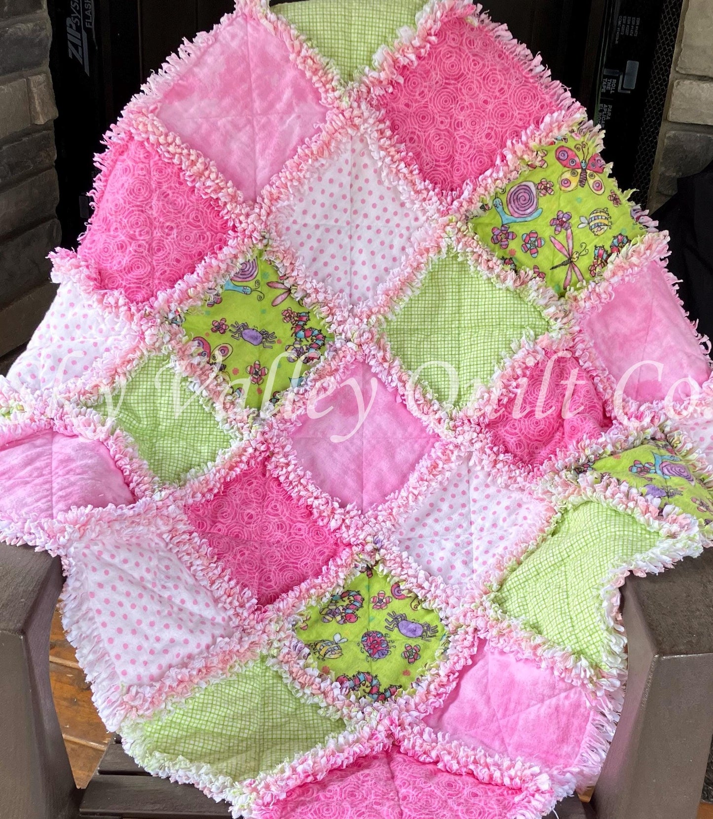 Pre Cut Rag Quilt KIT - bright butterflies and ladybugs insects, pink and green 3 layers