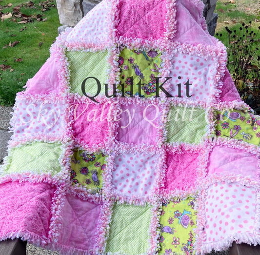 Pre Cut Rag Quilt KIT - bright butterflies and ladybugs insects, pink and green 3 layers