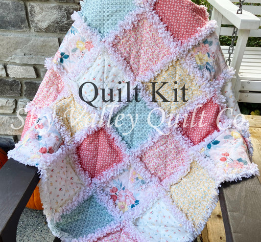 Pre Cut Rag Quilt KIT -Riley Blake New Beginnings blush, misty teal, 3 layers