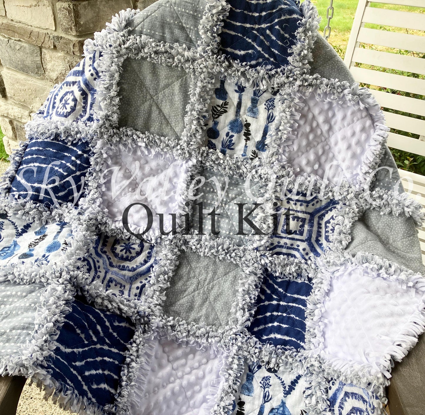 Pre CUT Rag Quilt KIT ~ Into the Blue ~ white, blue, wedgewood themed flannels
