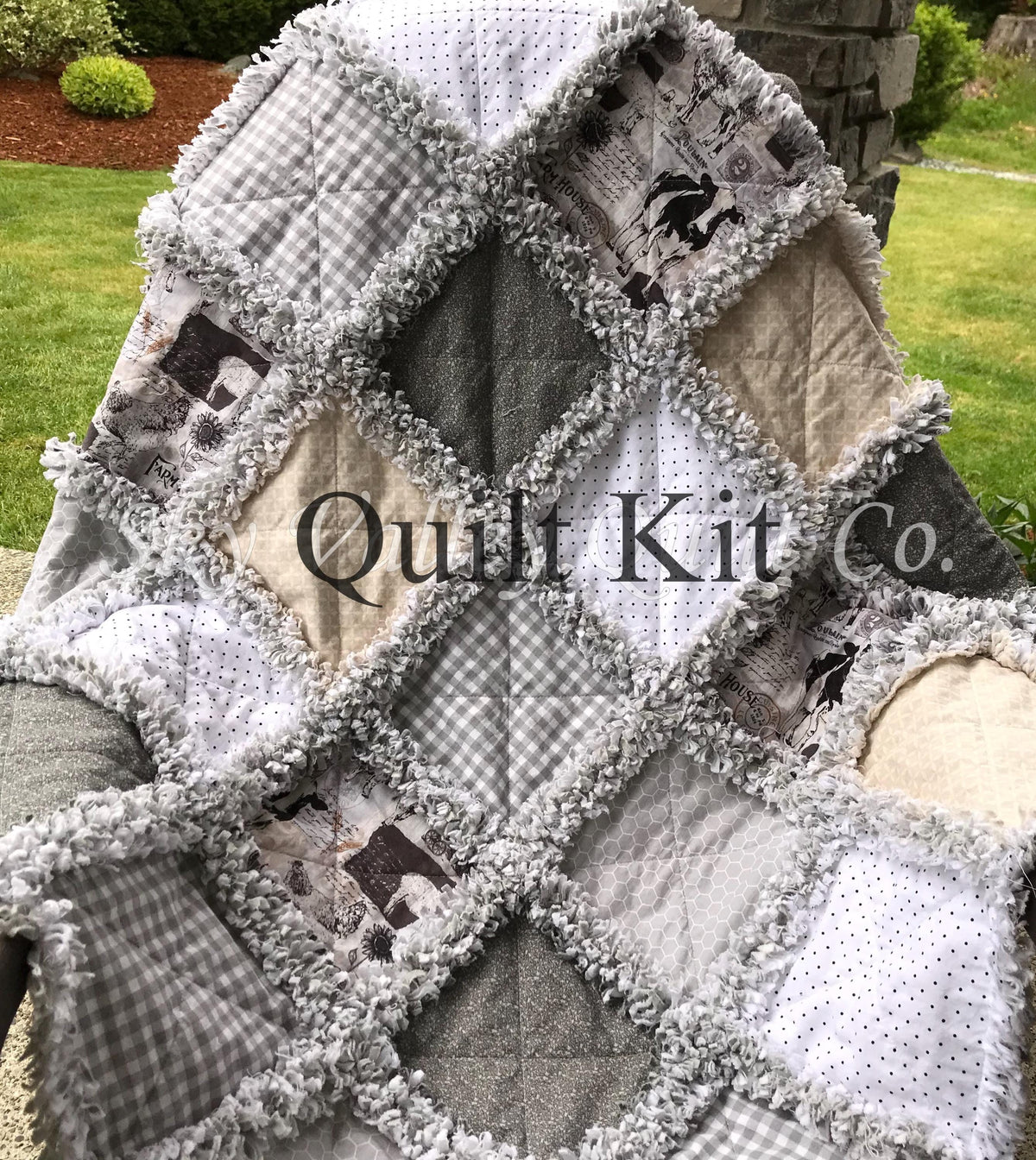 Pre CUT Rag Quilt KIT ~ Farm house chic neutral pallet, cream and gray, chickens cows, goats