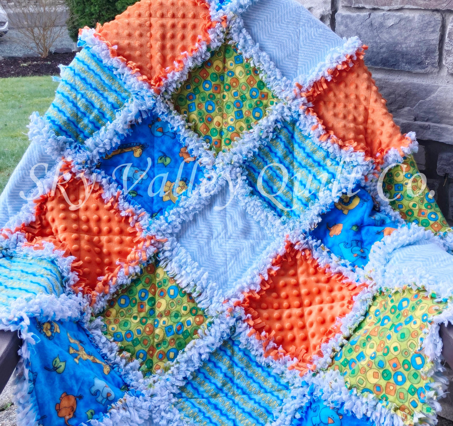 Precut rag quilt KIT ~ bright safari animals blue orange and green flannels
