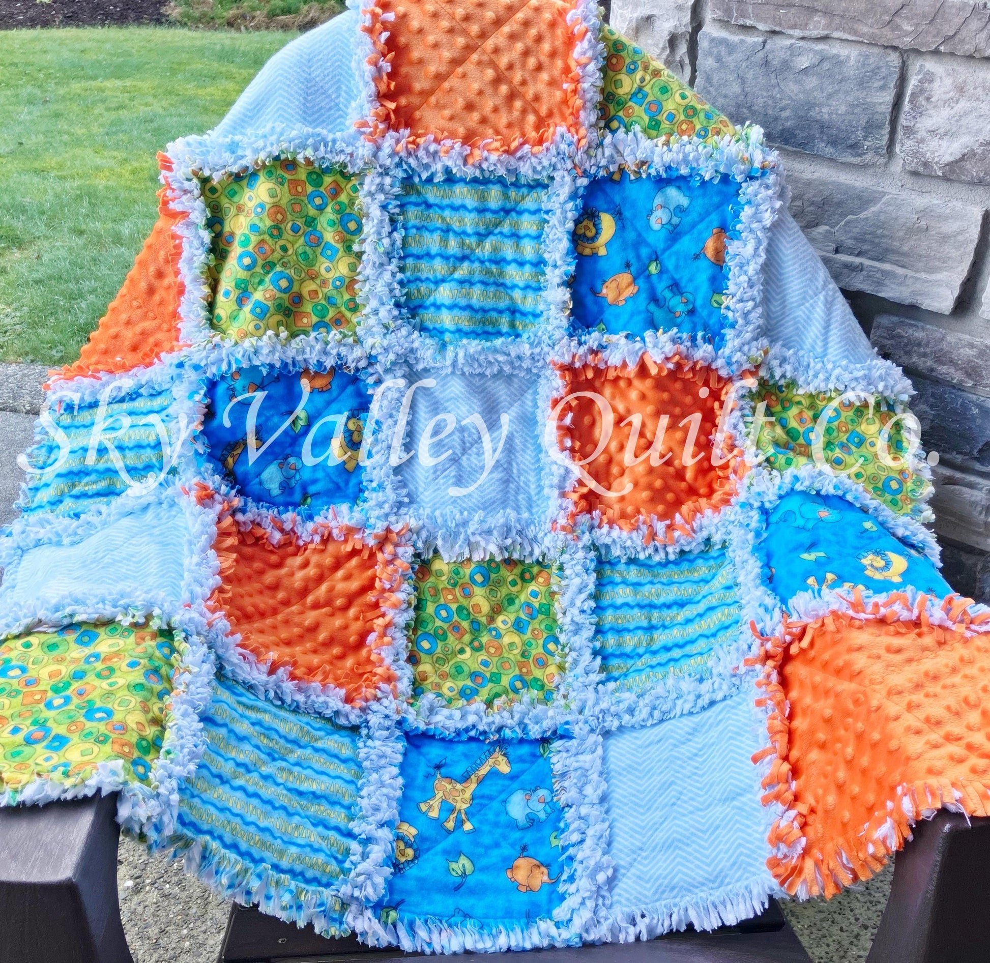 Precut rag quilt KIT ~ bright safari animals blue orange and green flannels