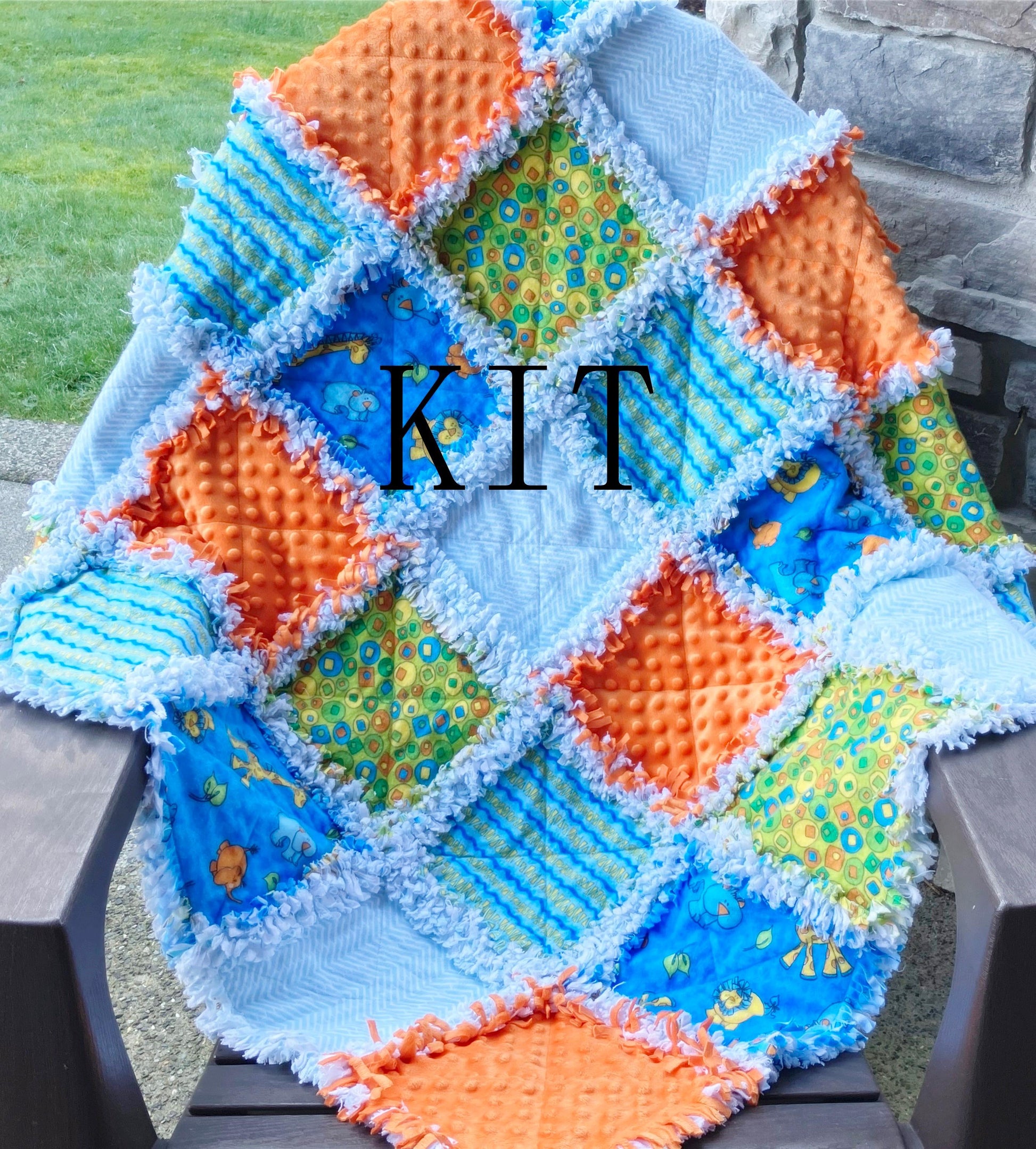 Precut rag quilt KIT ~ bright safari animals blue orange and green flannels