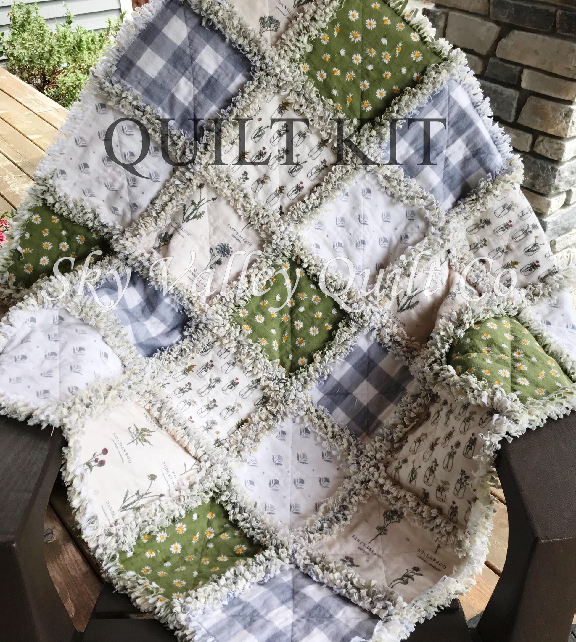 Pre Cut Rag Quilt KIT - Isabel's Garden~ daisy and floral, green, cream, gray gingham and white, farmhouse