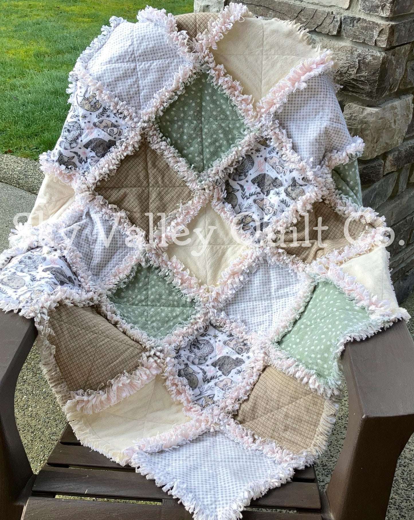Finished and Ready to ship rag quilt - woodland animals in green gray and beige