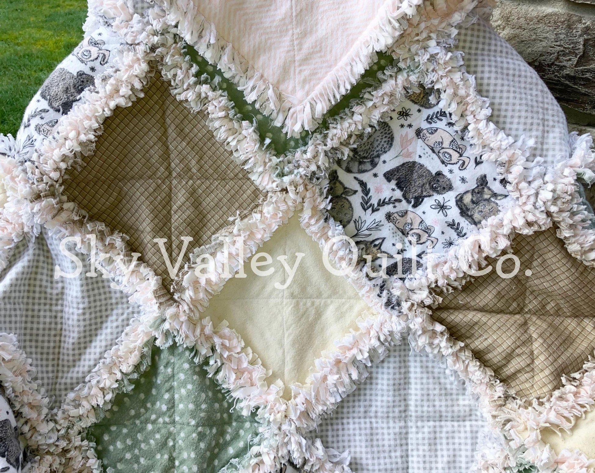 Pre Cut Rag Quilt KIT -gender neutral woodland animals in green gray and beige