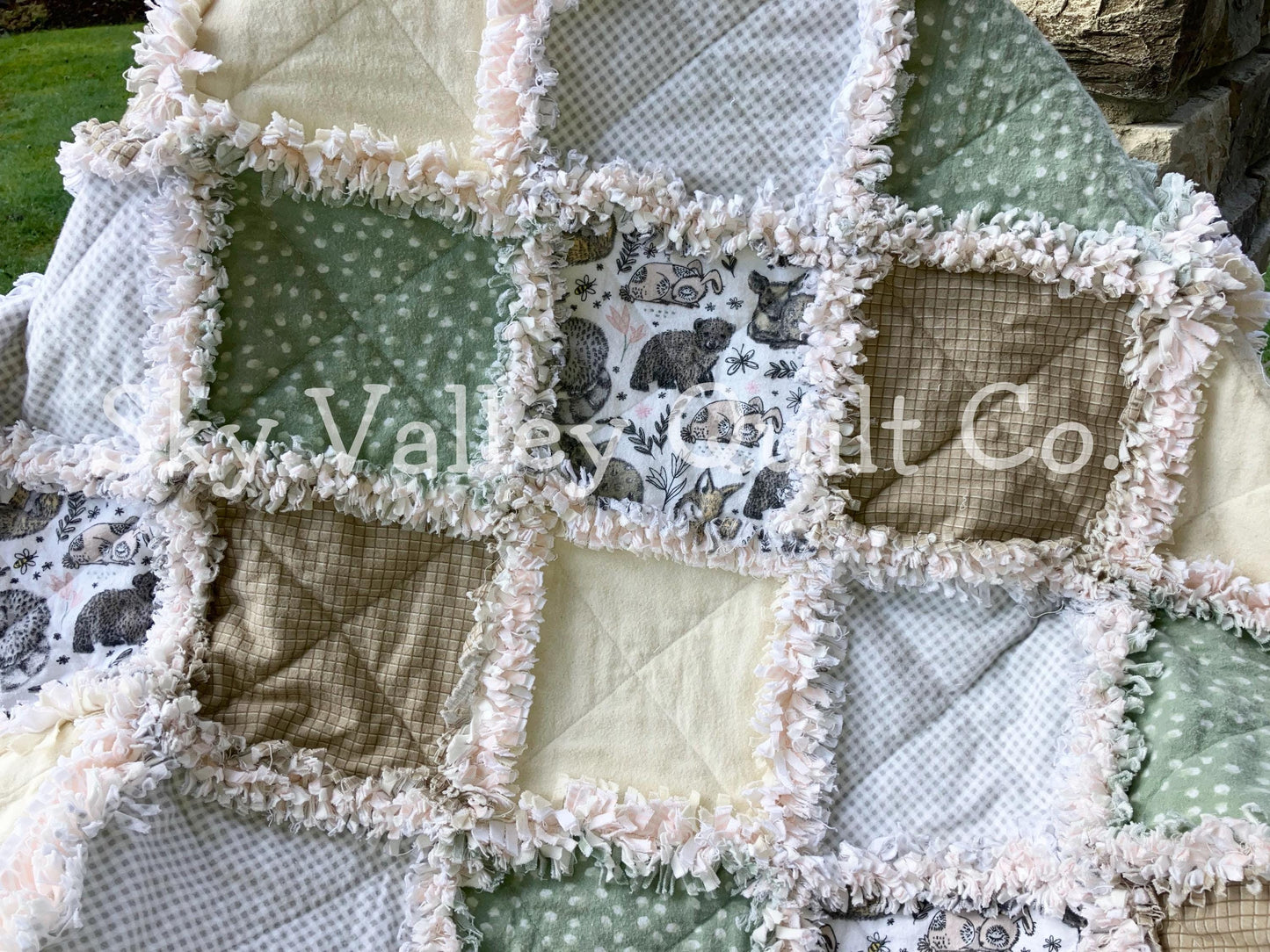 Finished and Ready to ship rag quilt - woodland animals in green gray and beige