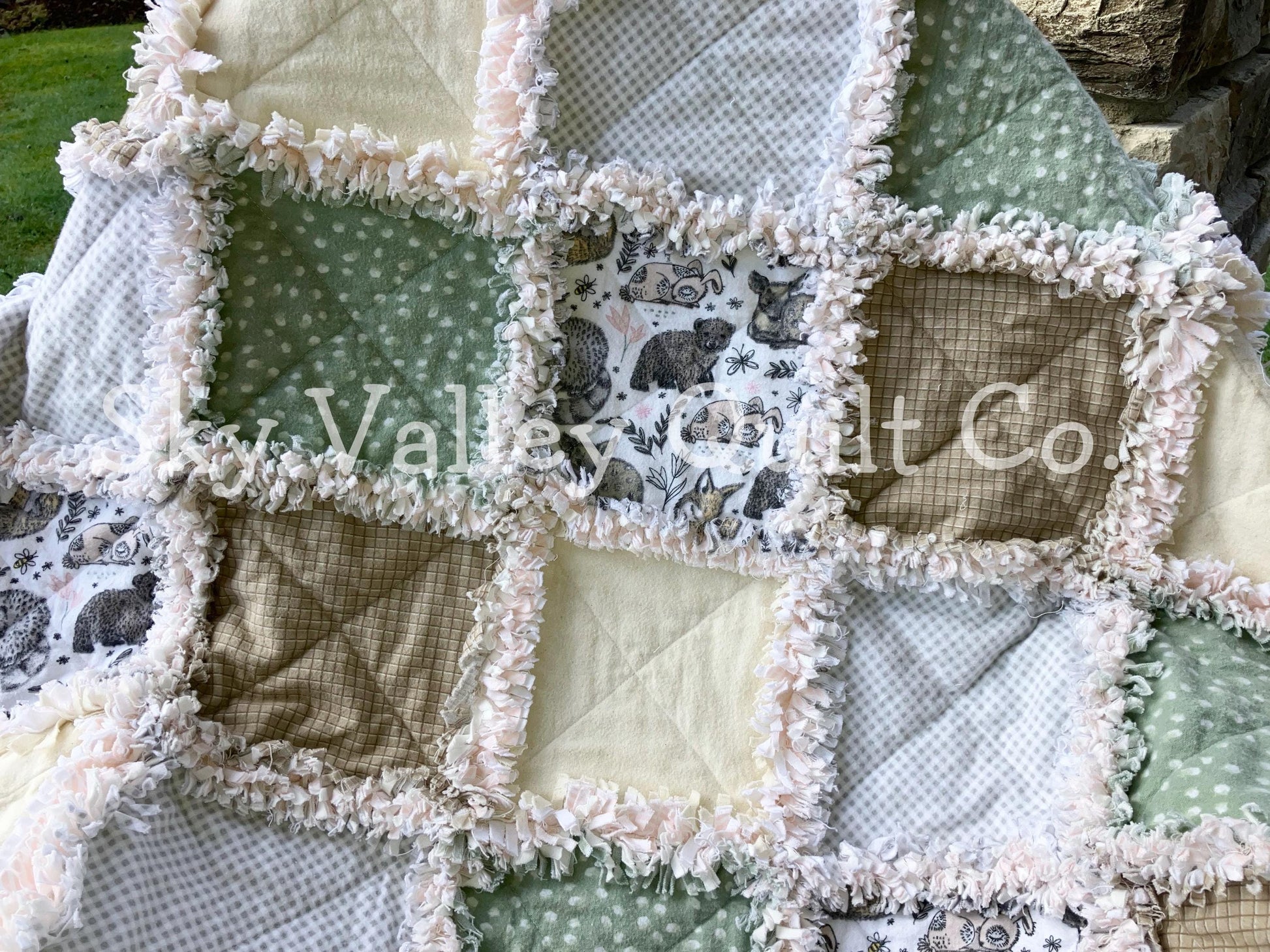 Finished and Ready to ship rag quilt - woodland animals in green gray and beige