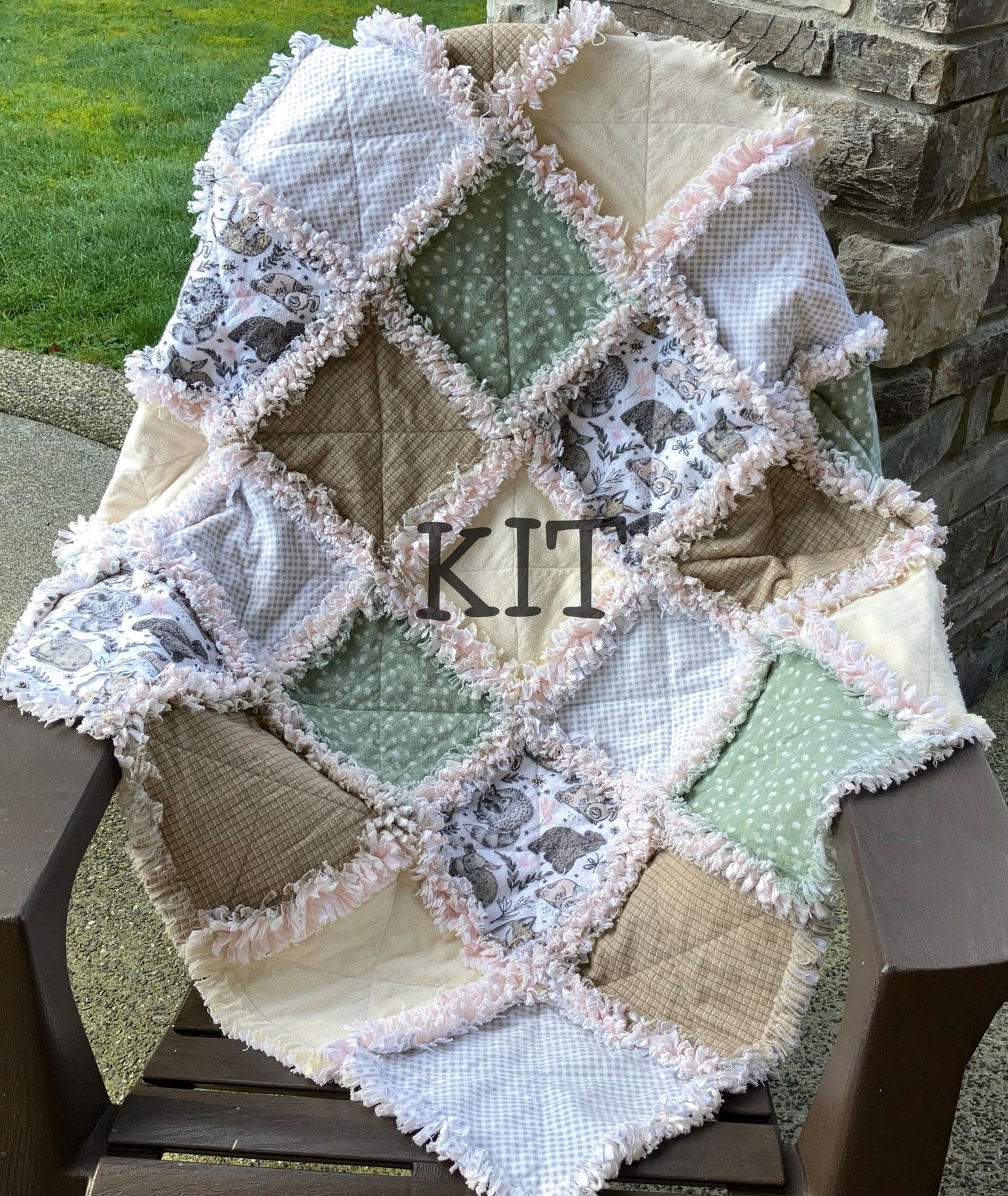 Pre Cut Rag Quilt KIT -gender neutral woodland animals in green gray and beige